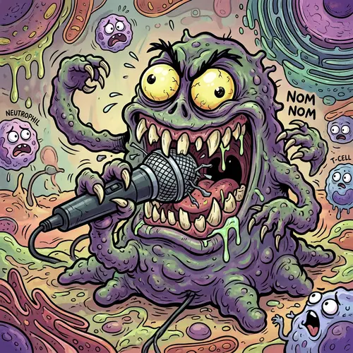 Funny Macrophage Cartoon Eating a Mic