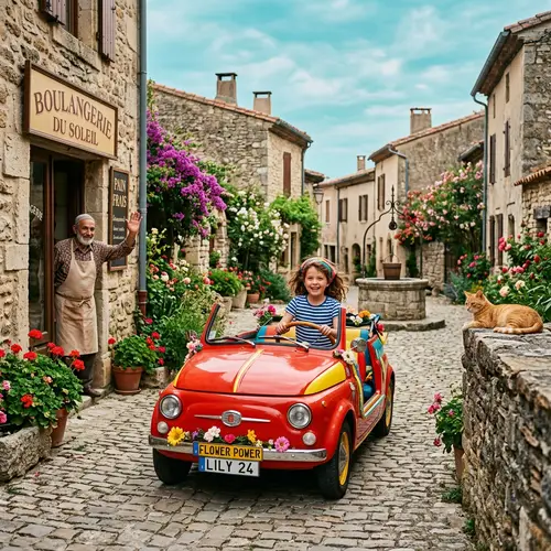 Young Girl Driving Colorful Vintage Car in Quaint Village