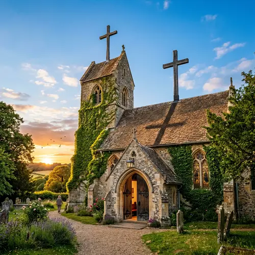 Aged Stone Church with Wooden Crosses | Motivational Scene