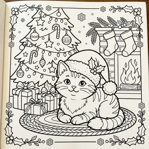 Winter Holiday Cat Coloring Page for Kids