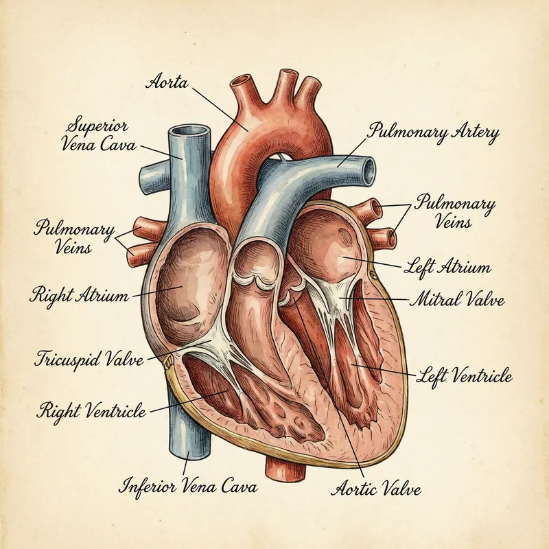 Detailed Human Heart Illustration with Labeled Parts