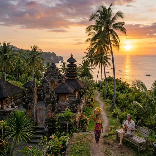Breathtaking Bali Sunset with Balinese Temple and Locals