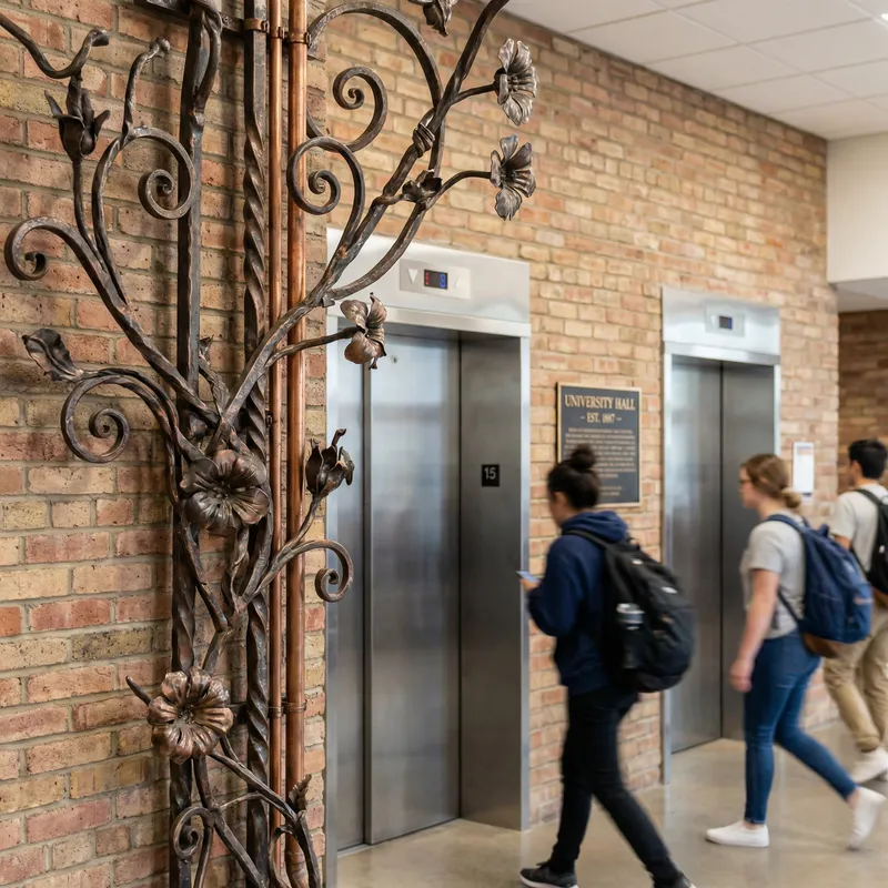 Elegant Floral Forging Adorning University Elevators