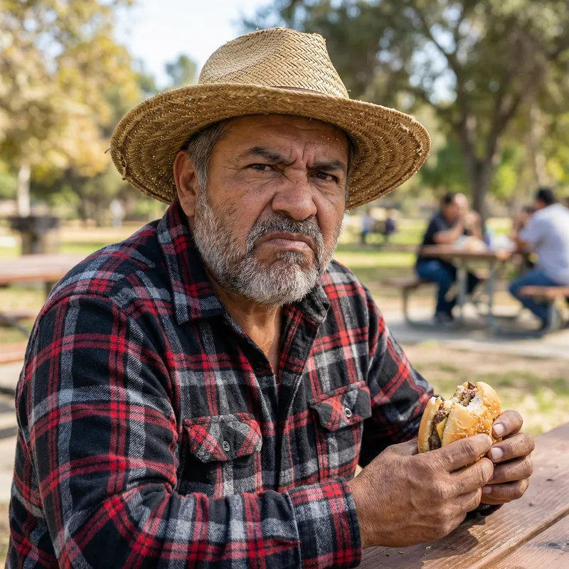 Gray Beard Man in Straw Hat with Red & Black Shirt Holding Hamburger, Angry