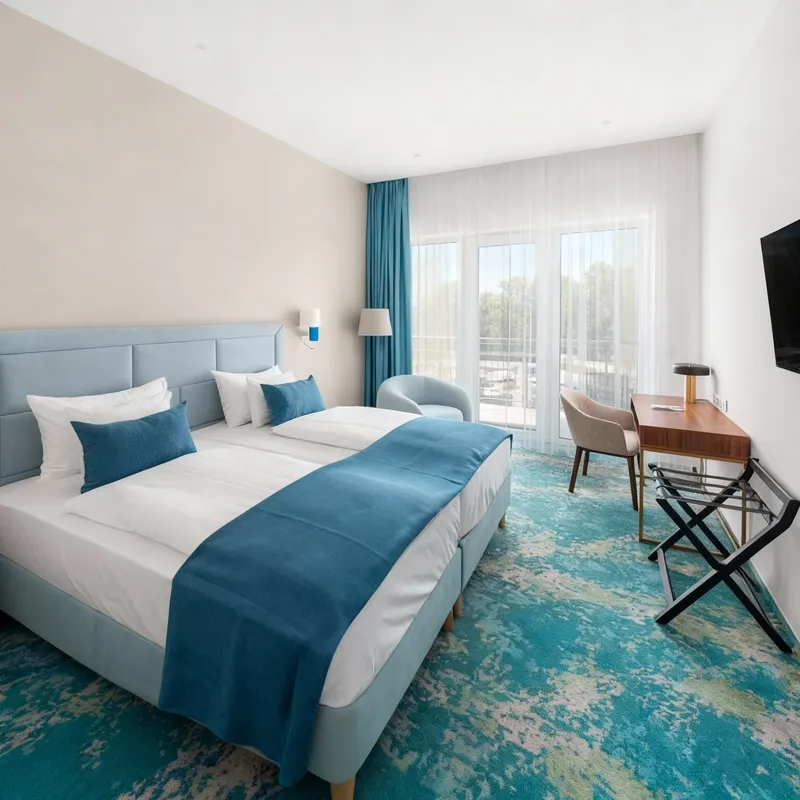 Blue and White Hotel Room - Modern Comfort