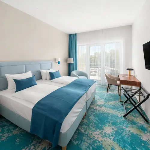 Blue and White Hotel Room - Modern Comfort