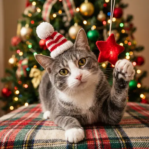 Festive Gray & White Cat in Christmas Hat | Whimsical Holiday Portrait