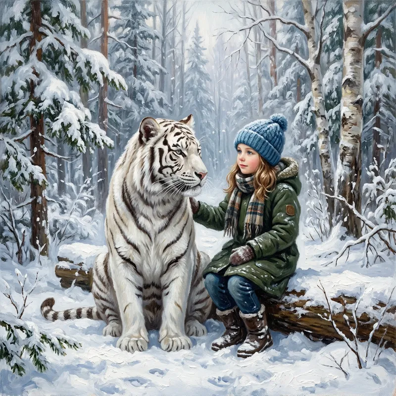 Magical Encounter: Child and White Tiger Bonding in Snowy Forest
