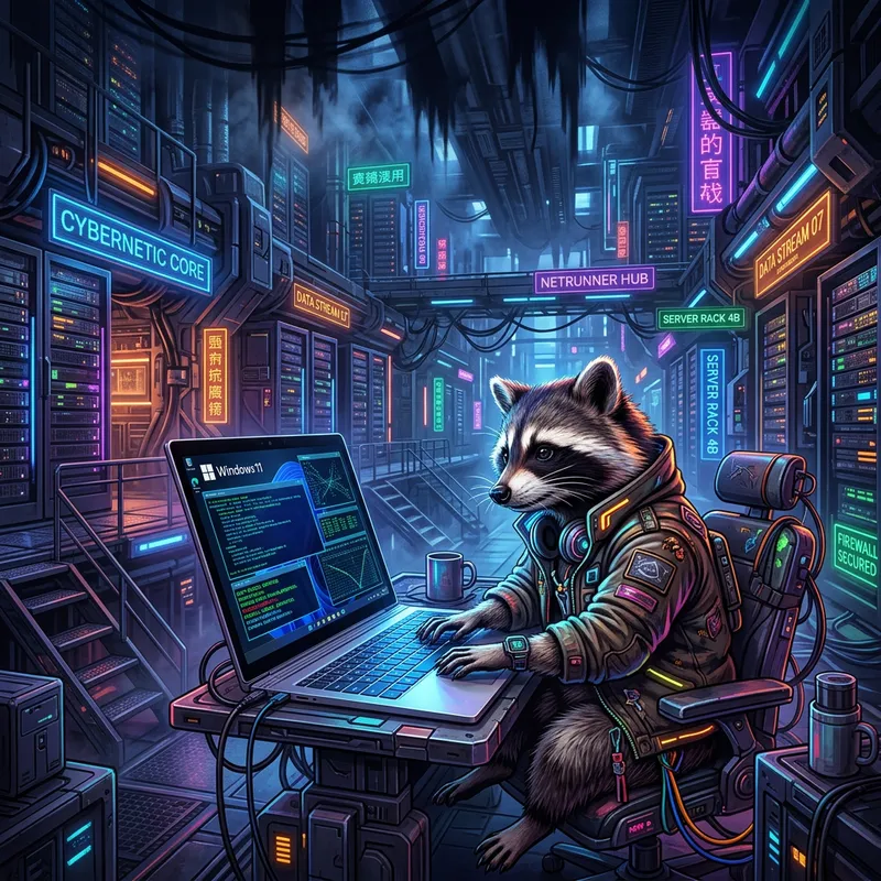 Neon Cyberpunk Data Center with Mischievous Raccoon Neon Cyberpunk Data Center with Mischievous Raccoon