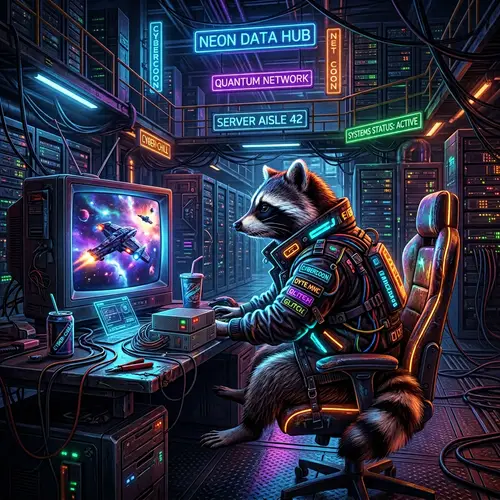 Futuristic Data Center Cyberpunk Scene with Mysterious Raccoon