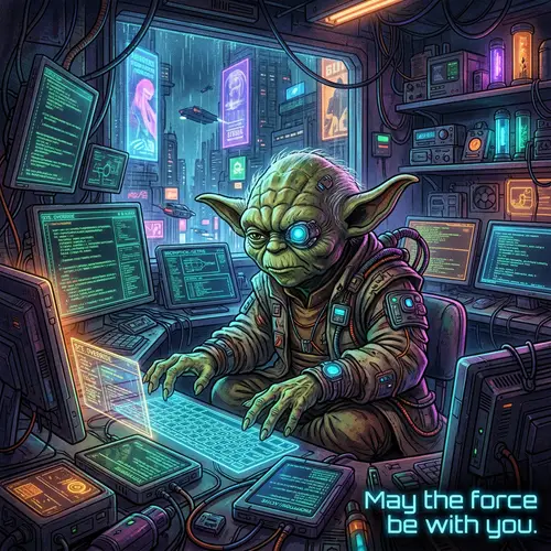 Wise Elderly Hacker in Cyberpunk Environment | Mixed Media Art