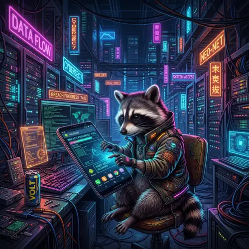 Futuristic Cyber-Themed Data Center with Sneaky Raccoon Hacker