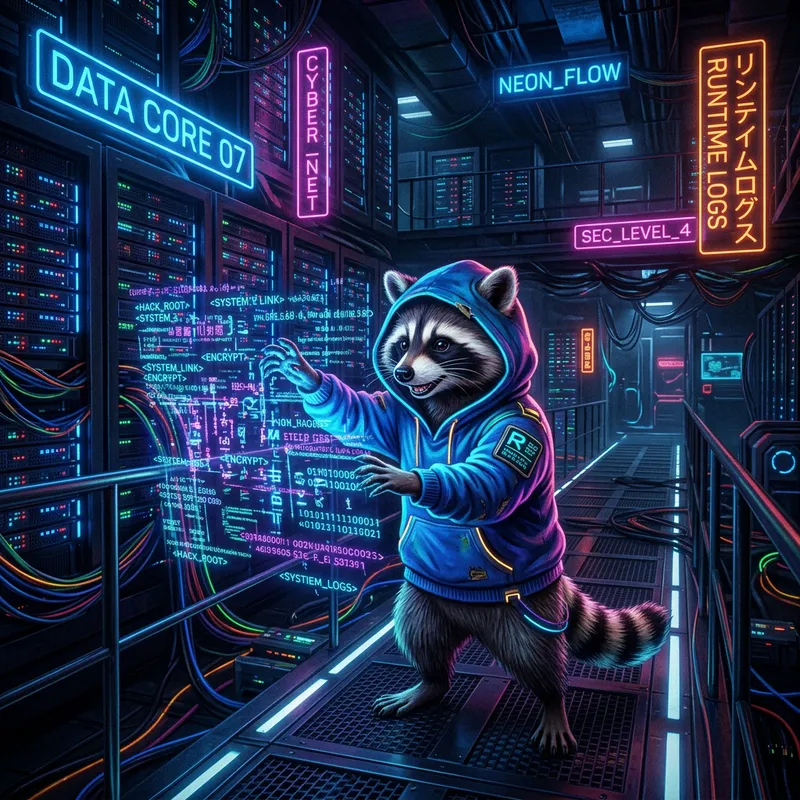 Futuristic Cyber-Themed Data Center with Mischievous Raccoon in Neon Concept Art Futuristic Cyber-Themed Data Center with Mischievous Raccoon in Neon Concept Art