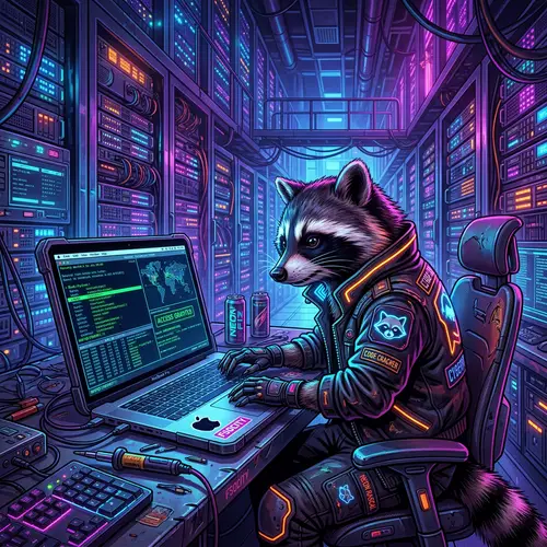 Cyberpunk Digital Art: Futuristic Data Center with Mischievous Raccoon