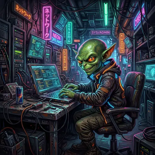 Cyberpunk Alien Hackers in Neon Room | Intricate Artwork