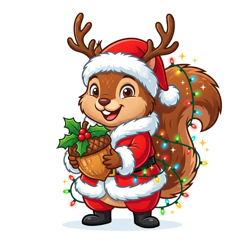 Whimsical Cartoon Squirrel in Santa Suit with Reindeer Antlers
