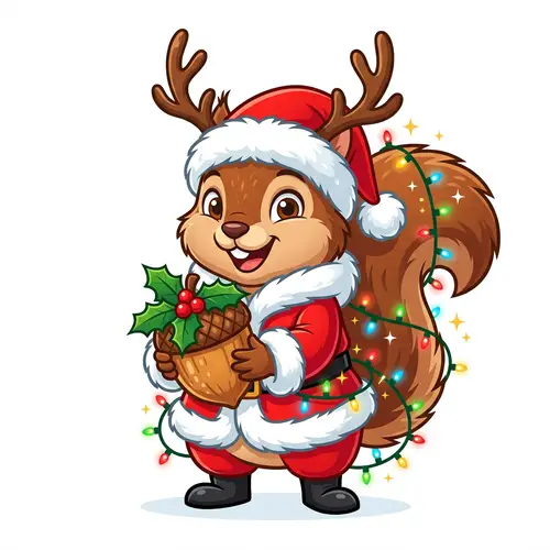 Animated Cartoon Squirrel in Red Santa Suit with Reindeer Antlers