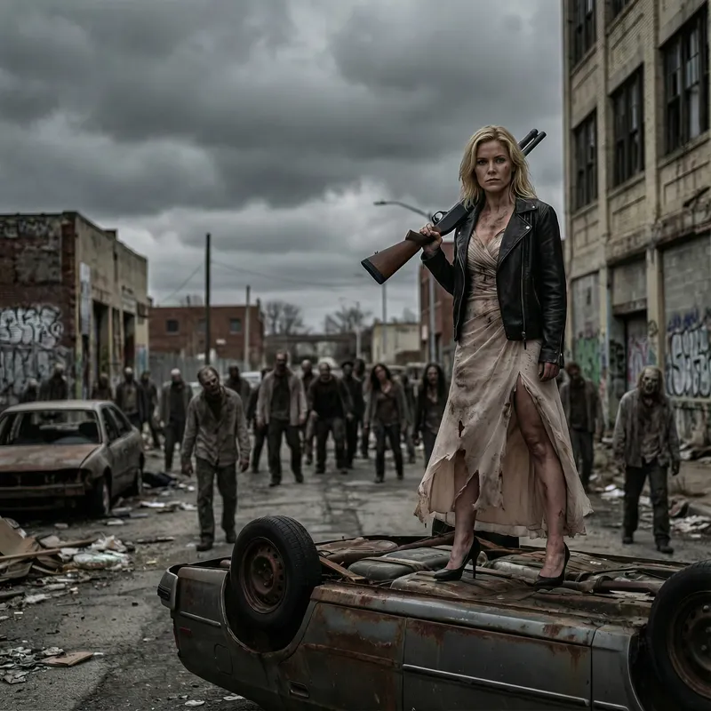 Blonde Woman Surrounded by Zombies