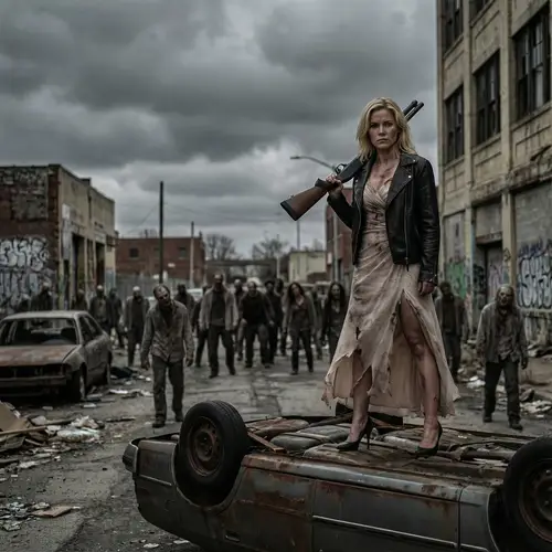 Blonde Woman Surrounded by Zombies