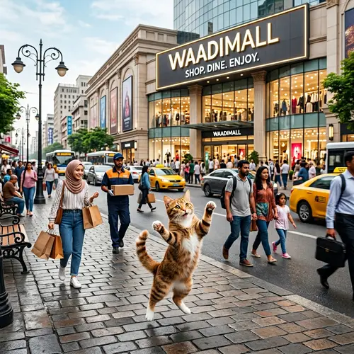 Playful Cat Dancing in Waadimall Street - Urban Charm Captured
