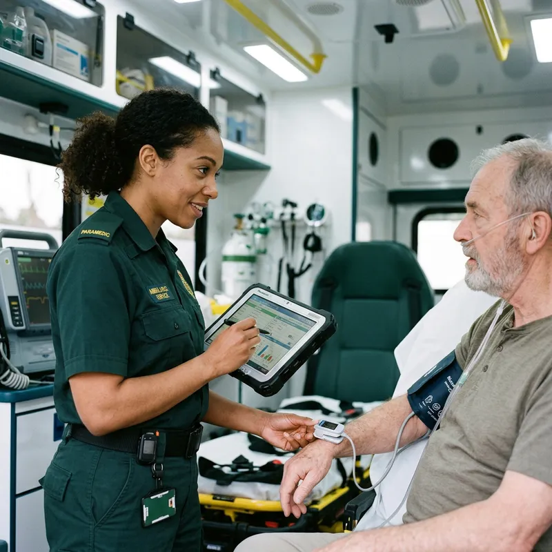 Paramedic Using Tablet for Patient Observation