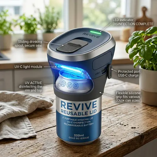 Ergonomic Reusable Can Lid with UV Disinfection