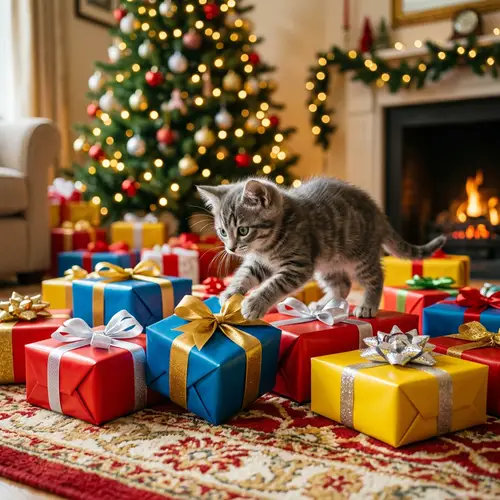 Adorable Kitten Can't Decide Among Colorful Gift Boxes