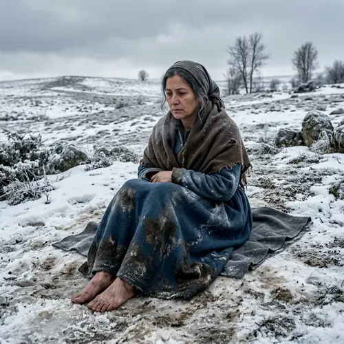 Woman in Soiled Gown Seated on Snow | Striking Winter Contrast