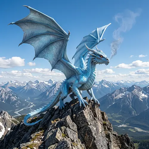 Majestic Light Blue Dragon Perched on Craggy Mountain Peak