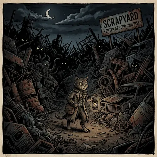 Creepy Cat Ventures in Lovecraftian Scrap Yard