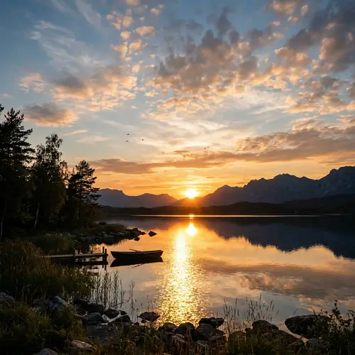 Tranquil Evening Scene with Sunset, Lake, and Mountains