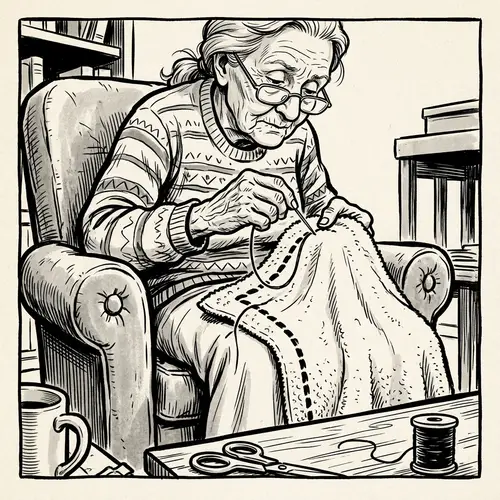 Old Woman Lola Stitching a Towel - Comic Strip Art
