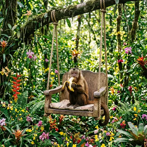 Monkey on Swinging Chair in Forest - Enjoying Banana Snack