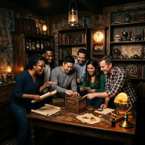 Diverse Corporate Team Building in Dimly Lit Escape Room