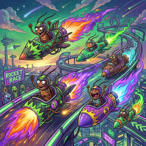 Whimsical Cockroach Rocket Race Illustration in Green and Purple