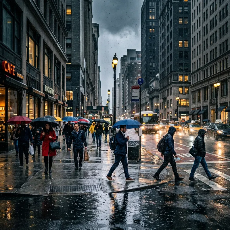 Rain in the City: Bustling Streets and Colorful Scenes