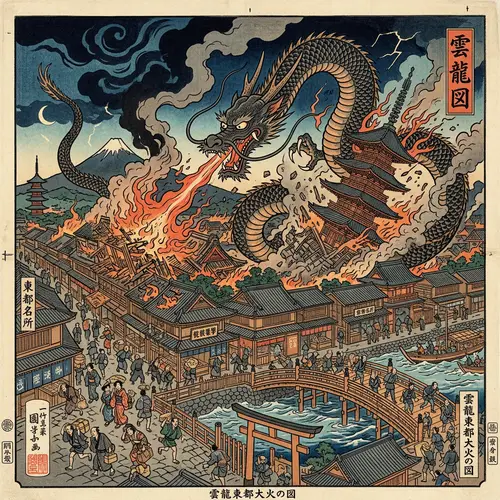Godzilla Destroying City of Tokyo | Ukiyo-E Illustration
