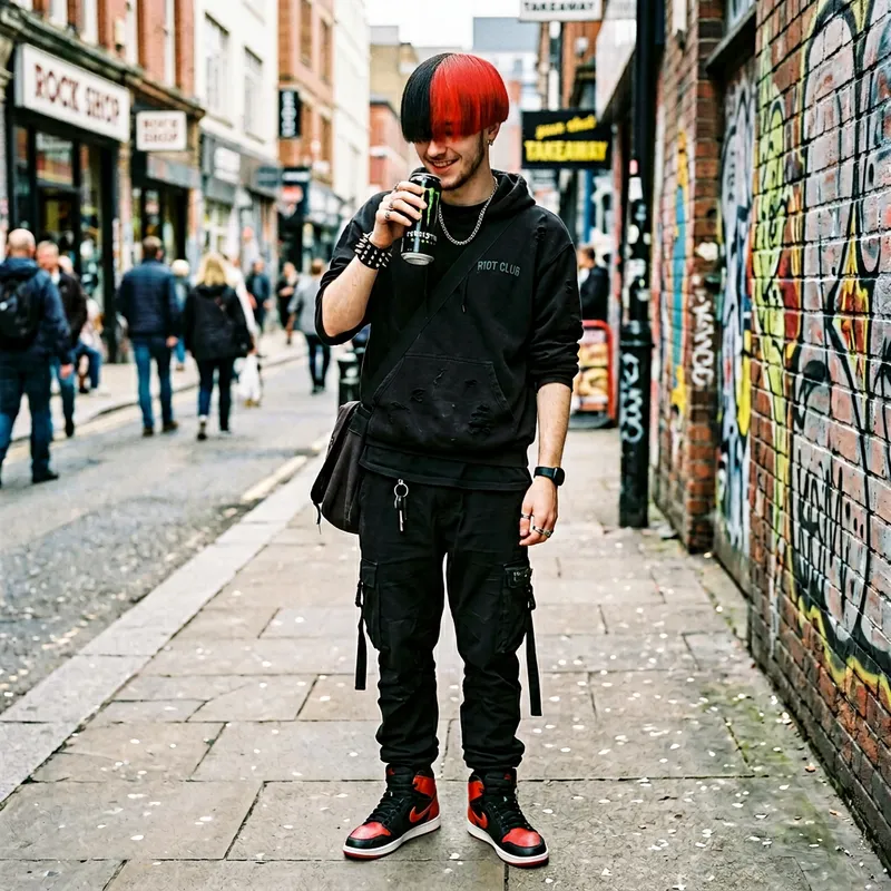 Edgy Teen with Black and Red Split Hairstyle & Energy Drink
