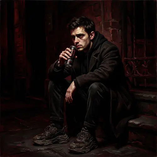 Dark Mood Caucasian Man Sipping Energy Drink in Chiaroscuro Style