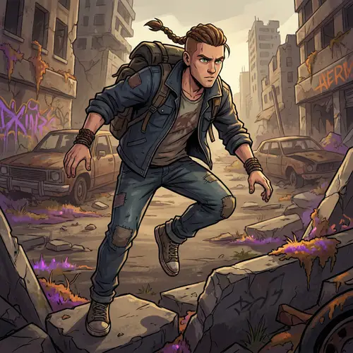 Young Hero in a Dystopian Cartoon Landscape