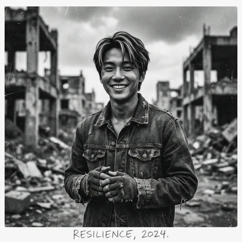 Resilient Asian Man in Post-Apocalyptic Setting | Black and Blue Aesthetic Resilient Asian Man in Post-Apocalyptic Setting | Black and Blue Aesthetic