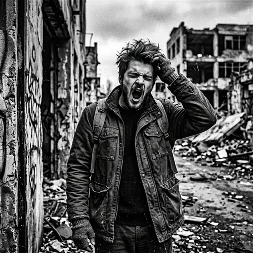 Young Man with Black and Blue Hair Yawning in Post-Apocalyptic Setting