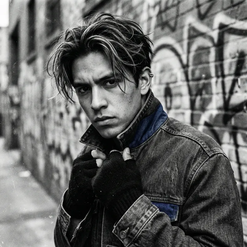 Urban Grunge Aesthetic: Young Man with Blue Streaks & Vintage Camera