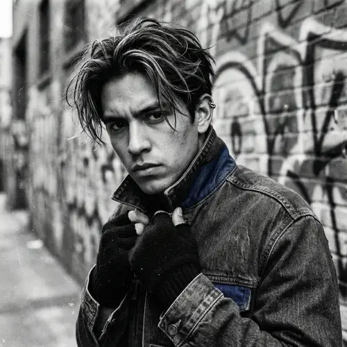 Young Hispanic Man with Blue Streaks: Urban Grunge Aesthetic Photo