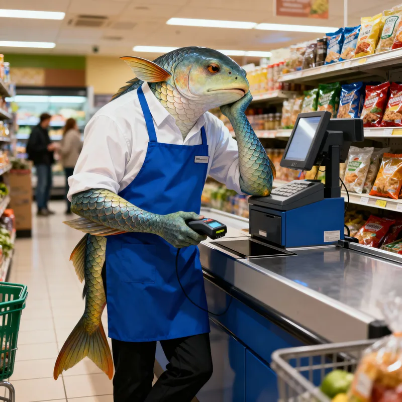 Bored Fish Person in Grocery Store Bored Fish Person in Grocery Store