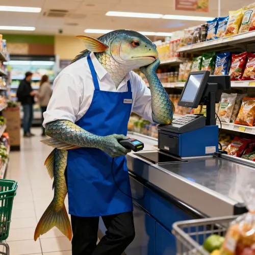 Bored Fish Person in Grocery Store
