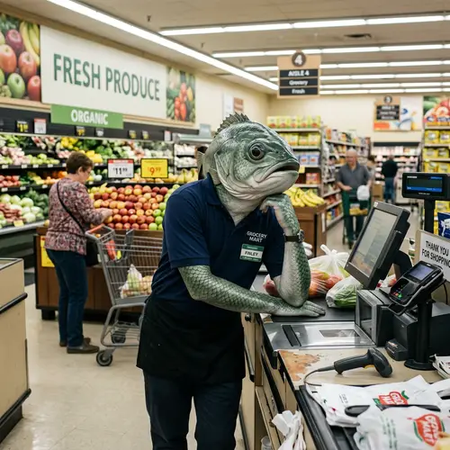 Bored Fish Person in Grocery Store