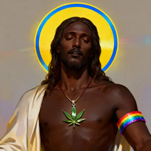 Black Jesus with Colorful Halo and Unique Accessories