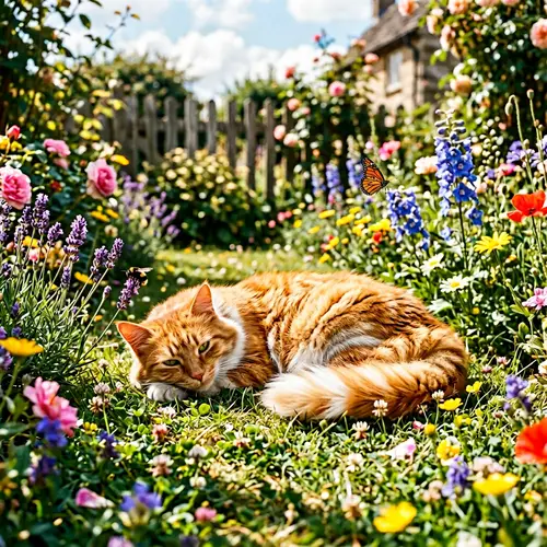 Orange Tabby Cat Relaxing in Sunlit Garden | Tranquil Scene