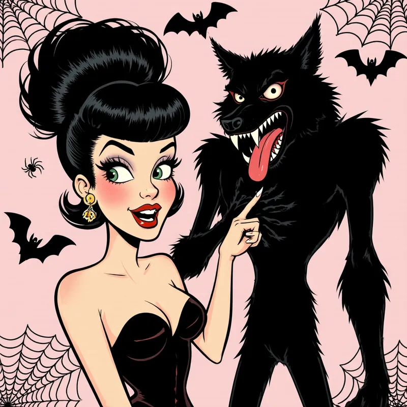 Retro Horror T-Shirt Design Featuring Betty Page & Beast